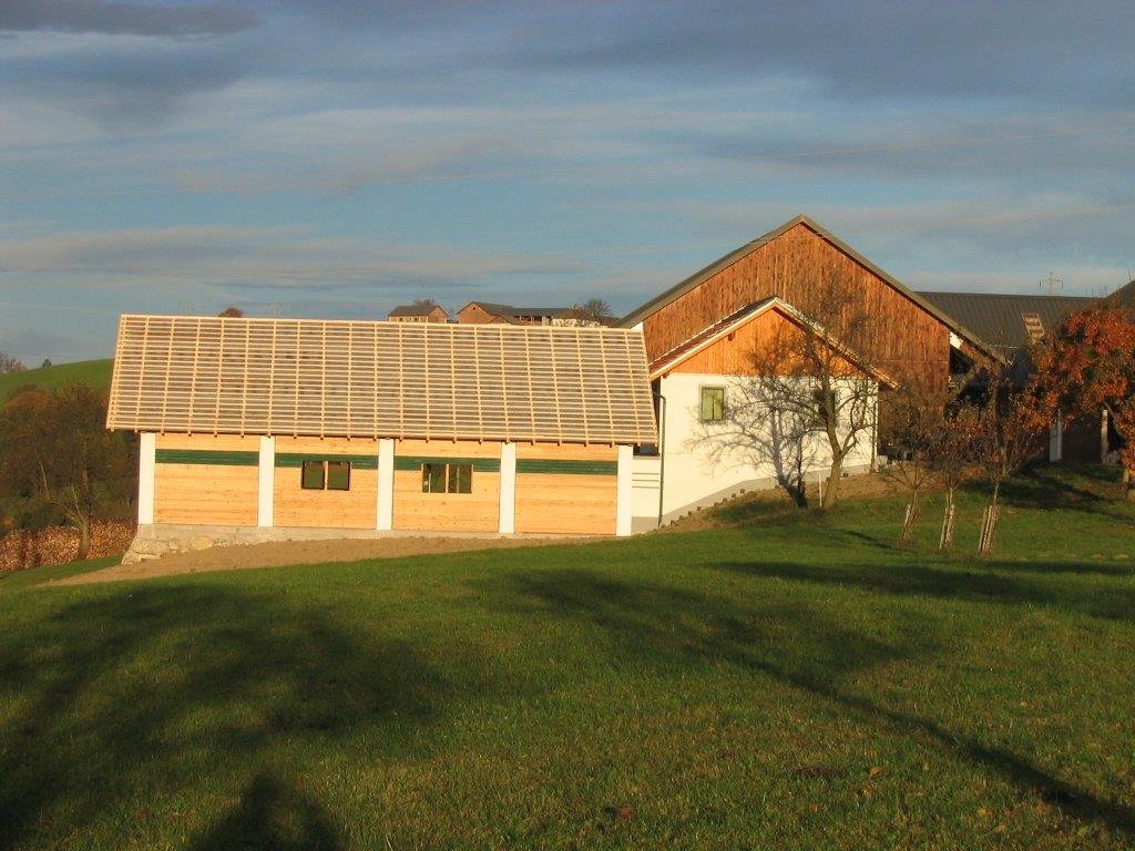 Heller Zubau mit grünen Holzelementen